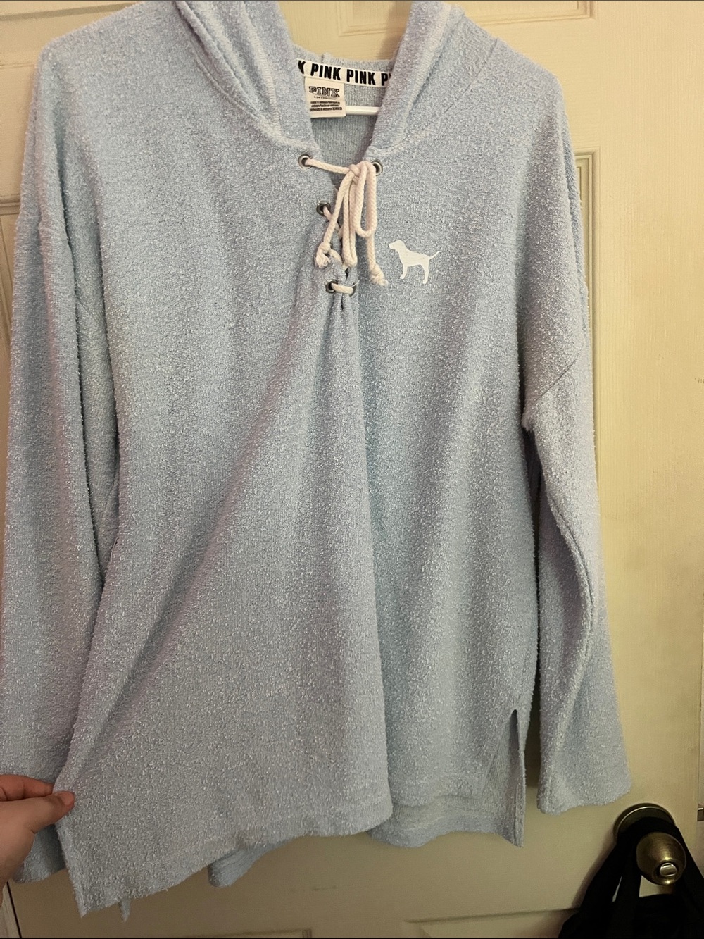 Victoria's Secret PINK Light Blue Lace-Up Terry Hoodie with White Dog